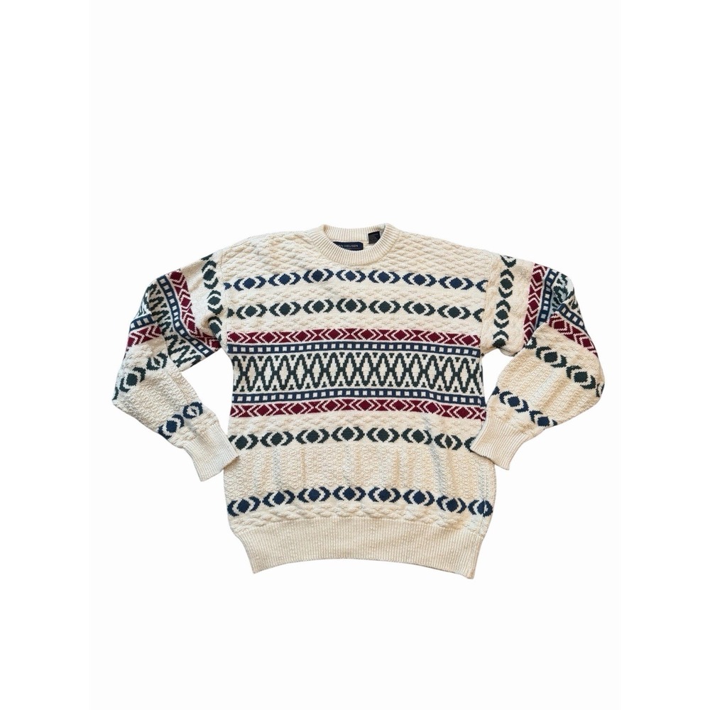 Vintage Grandpa Van Heusen Men's L Knit‎ Sweater Geometric Cosby White USA